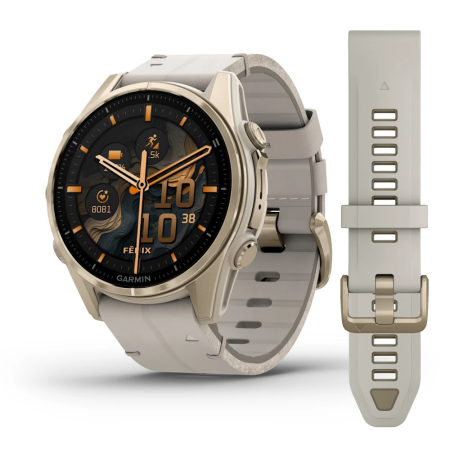 Garmin fenix 8 - 43mm, AMOLED Sapphire, Soft Gold ve Kireçtaşı Deri Kayışlı - 1